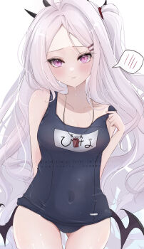 1girl absurdres ahoge arm_behind_back black_horns black_wings blue_archive blush breasts collarbone commentary_request covered_navel dripping gluteal_fold hair_ornament hairclip highres hina_(blue_archive) hina_(swimsuit)_(blue_archive) horns long_hair looking_at_viewer low_wings pink_eyes pulling_own_clothes revision school_swimsuit side_ponytail small_breasts swimsuit thighs tokujou_mino watermark whistle whistle_around_neck white_background white_hair wings
