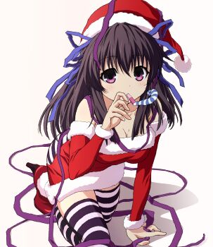 Rule 34 | 1girl, absurdres, air (visual novel), bare shoulders, black hair, blue ribbon, bow, breasts, cleavage, crawling, detached sleeves, dress, finger to mouth, fur trim, hair bow, hair ribbon, hat, highres, kneeling, leaning forward, long hair, looking at viewer, medium breasts, mouth hold, non-web source, party horn, pom pom (clothes), purple eyes, purple ribbon, red dress, ribbon, santa costume, santa dress, santa hat, solo, thighhighs, toono minagi, white background, wotavinci, zettai ryouiki