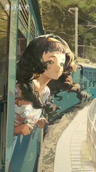 1girl absurdres black_hair braid copyright_name copyright_notice day green_eyes hairband highres kanjira logo long_hair looking_outside low_twin_braids official_art official_wallpaper reverse:1999 shirt solo through_window train tree twin_braids upper_body utility_pole white_shirt yellow_hairband