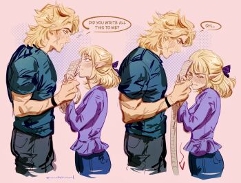 1boy 1girl alternate_hairstyle averting_eyes blonde_hair blue_eyes blush casual commentary contemporary denim embarrassed english_commentary english_text genshin_impact highres holding holding_paper jeans mintothesoul nicole_(genshin_impact) pants paper pointy_ears scar scar_on_face speech_bubble varka_(genshin_impact)