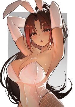 1girl absurdres alternate_costume animal_ears ap_cammy arm_up armpits blush breasts brown_eyes brown_hair cleavage commentary cowboy_shot curtained_hair elbow_gloves fake_animal_ears fatal_fury fishnet_pantyhose fishnets gloves grey_background highleg highleg_leotard highres large_breasts leotard long_hair looking_at_viewer open_mouth pantyhose parted_bangs playboy_bunny ponytail presenting_armpit rabbit_ears revision shiranui_mai simple_background solo standing strapless strapless_leotard street_fighter street_fighter_6 the_king_of_fighters white_background white_gloves white_leotard white_pantyhose