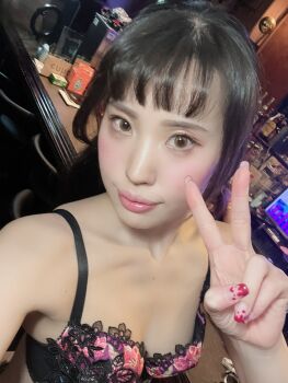 1girl asian bare_arms bare_shoulders black_hair bra breasts fingernails highres japanese_(nationality) lips long_hair looking_at_viewer model photo_(medium) ririkana small_breasts solo thighs underwear underwear_only v