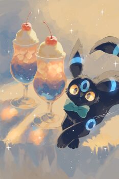 Rule 34 | alternate color, animal focus, black fur, blue bow, bow, cherry, closed mouth, colored sclera, cup, drinking glass, food, fruit, gen 2 pokemon, highres, looking at viewer, merino (merino 9999), milkshake, nintendo, no humans, pokemon, pokemon (creature), pokemon focus, shiny pokemon, solo, umbreon, whipped cream, yellow sclera