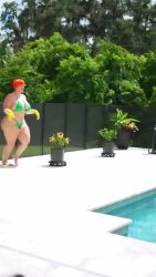 1girl animated arm_tattoo audible_music barefoot bikini cosplay dexter&#039;s_laboratory dexter&#039;s_mom fat fat_woman feet gloves green_bikini mom_(dexter&#039;s_laboratory) mysticbeing orange_hair outdoors poolside real_life running slow_motion sound swimsuit tagme tattoo thick_thighs thighs video yellow_gloves