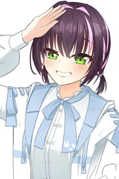 1girl :d arm_up black_hair blue_ribbon blush casual commentary_request entei24 green_eyes grin hair_between_eyes hair_ornament hair_scrunchie happy highres hood hood_down hooded_jacket jacket limelight_lemonade_jam long_sleeves looking_at_viewer low_twintails medium_hair mole mole_under_eye multicolored_hair nabari_anju neck_ribbon open_clothes open_jacket open_mouth pink_hair ribbon salute scrunchie shirt short_twintails simple_background smile solo streaked_hair twintails twitter_username upper_body white_background white_jacket white_scrunchie white_shirt