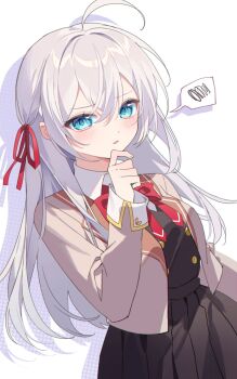 1girl ahoge alisa_mikhailovna_kujou black_skirt blue_eyes bow bowtie brown_jacket buttons commentary_request double-breasted grey_hair hair_ribbon highres jacket long_hair long_sleeves open_clothes open_jacket parted_lips pleated_skirt red_bow red_bowtie red_ribbon ribbon school_uniform seiren_academy_school_uniform shadow skirt solo spoken_squiggle squiggle tokidoki_bosotto_roshia-go_de_dereru_tonari_no_alya-san upper_body white_background yunweishukuang