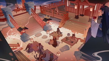 1boy 6+girls absurdres animal animal_ears animal_on_shoulder architecture astruma2 bake-danuki_(genshin_impact) bird_boy black_hair black_wings closed_mouth commentary cup east_asian_architecture english_commentary faceless faceless_female faceless_male feathered_wings fox_ears fox_girl fox_tail friends from_above genshin_impact hair_between_eyes highres holding holding_cup japanese_clothes kitsune_saiguu leaf leaf_on_head light_smile long_hair long_sleeves mask mask_on_head multiple_girls multiple_others no_eyes outdoors raccoon red_mask sasayuri_(genshin_impact) short_hair sitting smoke smoke_trail standing table tail white_hair wide_sleeves wings yae_miko yae_miko_(fox)