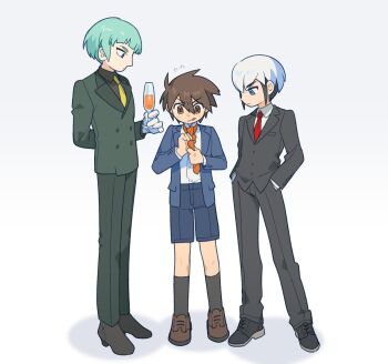 3boys black_hair black_jacket black_pants black_shirt black_suit blue_eyes blue_jacket blue_shorts brown_eyes brown_hair cup drinking_glass eugene_chaud_(mega_man) formal_clothes full_body green_eyes green_hair green_jacket green_pants green_suit group_picture hands_in_pockets highres holding holding_cup jacket lan_hikari_(mega_man) male_focus mega_man_(series) mega_man_battle_network_(series) multicolored_hair multiple_boys pants raika_(mega_man) shirt shorts simple_background suit tango_dream two-tone_hair white_background white_hair white_shirt wine_glass