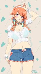 Rule 34 | 1girl, arm up, bikini, bikini under clothes, blue feathers, blue shorts, blush, braid, breasts, choker, cleavage, cowboy shot, feathers, green feathers, grin, hairband, highres, hololive, hololive english, large breasts, long hair, looking at viewer, multicolored hair, navel, open fly, orange hair, pink nails, purple eyes, r3dfive, shirt, short shorts, shorts, smile, solo, stomach, swimsuit, takanashi kiara, thighs, twin braids, two-tone hair, virtual youtuber, w, white hairband, white shirt