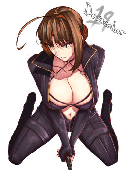 1girl absurdres antenna_hair black_bra black_gloves bra braid breasts brown_hair bun_with_braided_base cleavage closed_mouth commentary dated duvalie eiyuu_densetsu english_commentary english_text fingerless_gloves full_body gloves green_eyes gun hair_bun handgun highres holding holding_gun holding_weapon kneeling large_breasts light_frown moren_eh navel sen_no_kiseki_(series) short_hair simple_background single_hair_bun single_hair_intake solo underwear weapon white_background wing_collar
