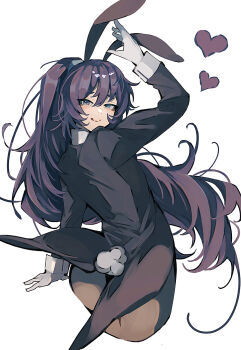 Rule 34 | 1boy, animal ears, ass, black eyes, black hair, black jacket, blue eyes, commentary request, crossdressing, crossdressing (mtf), heart, heterochromia, high ponytail, highres, hong lu (project moon), jacket, limbus company, long hair, long sleeves, looking at viewer, looking back, male focus, male playboy bunny, nakame77, playboy bunny, ponytail, project moon, rabbit ears, rabbit tail, simple background, solo, standing, tail, tailcoat playboy bunny, upper body, white background, wrist cuffs