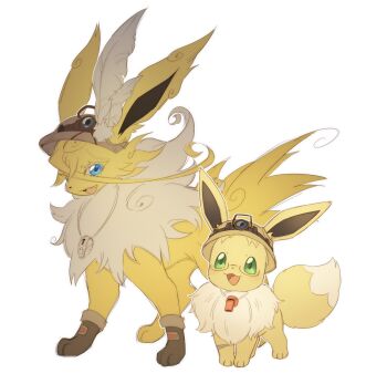 :3 animal_focus blue_eyes brown_footwear brown_helmet clothed_pokemon colossustotem ears_through_headwear eevee feathers fluffy full_body fusion gen_1_pokemon glasses green_eyes happy hat_feather headlamp helmet highres jolteon looking_at_viewer lyza_(made_in_abyss) made_in_abyss neck_fur nintendo no_humans open_mouth outline pince-nez pith_helmet pokemon pokemon_(creature) riko_(made_in_abyss) semi-rimless_eyewear shoes simple_background sketch smile standing whistle whistle_around_neck white_background white_feathers white_outline