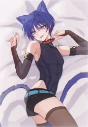Rule 34 | 1boy, :p, absurdres, animal ears, black shirt, black shorts, brown sleeves, brown thighhighs, cat boy, cat ears, cat tail, chobonu, closed mouth, collar, genshin impact, hair between eyes, highres, looking at viewer, male focus, purple eyes, purple hair, scaramouche (genshin impact), shirt, short hair, shorts, smile, solo, tail, thighhighs, tongue, tongue out