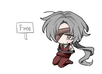 1boy blindfold chibi collared_shirt english_text full_body hair_over_one_eye hashtag-only_commentary kneeling limbus_company lmojn3 looking_at_viewer lucio_(project_moon) male_focus necktie project_moon purple_eyes red_necktie red_vest shirt simple_background solo sweat vest white_background white_shirt