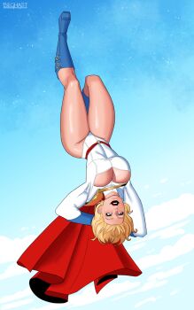 1girl absurdres arms_behind_head artist_name beghastart blonde_hair blue_boots blue_eyes boots breasts cape cleavage cleavage_cutout clothing_cutout commentary commission dc_comics full_body highres knee_boots large_breasts leotard lipstick makeup medium_hair power_girl power_girl_(1976_costume) red_cape red_lips solo superhero_costume superman_(series) upside-down white_leotard