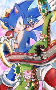 1girl 5boys amy_rose animal_ears animal_nose arm_up arrow_(symbol) artist_name black_eyes black_fur black_hair blue_fur blue_hair blurry boots classic_amy classic_sonic clenched_hands closed_mouth depth_of_field everyone flat_chest flower fox_boy fox_ears furry furry_female furry_male giant giant_male glint gloves gold grass green_eyes green_shirt grin hairband half-closed_eye hammer happy highres holding holding_hammer knuckles_the_echidna long_hair looking_at_another looking_at_viewer miniskirt multicolored_footwear multicolored_fur multicolored_hair multiple_boys one_eye_closed open_mouth orange_skirt palm_tree pink_fur pink_hair portal_(object) puffy_short_sleeves puffy_sleeves red_eyes red_footwear red_fur red_hair red_hairband ring_(sonic) road running shadow_the_hedgehog shapam_(zeepgalae) shirt shoes short_sleeves sidelocks sideways_mouth skirt smile socks sonic_(series) sonic_the_hedgehog sonic_the_hedgehog_(classic) spiked_gloves spiked_hair streaked_hair sunflower tail tails_(sonic) teeth toy_hammer tree twitter_username two-tone_fur two-tone_hair uneven_eyes unmoving_pattern watermark white_footwear white_fur white_gloves white_socks yellow_flower yellow_fur