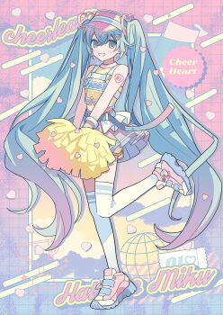 1girl aqua_eyes aqua_hair bare_shoulders character_name cheerleader english_text full_body grin hatsune_miku highres holding holding_pom_poms long_hair looking_at_viewer moo_n_moko multicolored_shirt multicolored_skirt open_mouth pink_shoes pom_pom_(cheerleading) pom_poms shirt shoes skirt sleeveless sleeveless_shirt smile solo standing standing_on_one_leg thighhighs very_long_hair visor_cap vocaloid white_thighhighs zettai_ryouiki