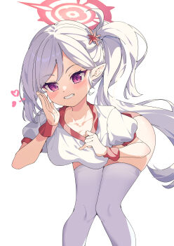 1girl absurdres alternate_breast_size_(larger) bent_over blue_archive blush breasts buruma chinese_commentary clothes_pull collarbone colored_eyelashes commentary eyelashes fan_request feet_out_of_frame floating_hair grey_hair grin gym_uniform hair_behind_ear halo hands_up heart highres hua-huahua long_hair looking_at_viewer medium_breasts mutsuki_(blue_archive) parted_bangs puffy_short_sleeves puffy_sleeves pulling_own_clothes purple_eyes red_buruma red_halo red_wrist_cuffs shirt shirt_pull short_sleeves side_ponytail simple_background smile solo standing thighhighs tsurime very_long_hair white_background white_shirt white_thighhighs wrist_cuffs