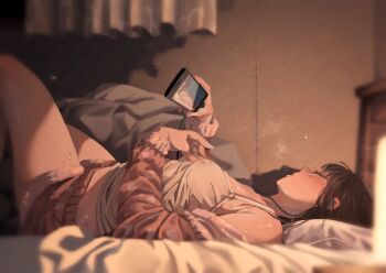 1girl breasts cellphone commentary_request female_masturbation highres holding holding_phone huyunokure indoors lying masturbation nipple_rub nipple_rub_through_clothes nipple_stimulation on_back original phone pornography small_breasts smartphone solo sweat