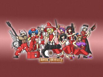 Rule 34 | 6+girls, alcohol, black hair, blonde hair, blue hair, brown hair, chain, cookie (artist), demoman (tf2), engineer (tf2), eyepatch, female focus, flamethrower, fujiwara no mokou, gatling gun, geta, gourd, gun, hat, heavy (tf2), holding flamethrower, holding weapon, hong meiling, ibuki suika, izayoi sakuya, kawashiro nitori, kirisame marisa, knife, maid, md5 mismatch, medic (tf2), minigun, multiple girls, parody, patchouli knowledge, purple hair, pyro (tf2), resolution mismatch, ribbon, rifle, rocket launcher, rpg (weapon), sake, scout (tf2), shameimaru aya, silver hair, sniper (tf2), sniper rifle, soldier (tf2), source larger, spy (tf2), team fortress 2, tengu-geta, touhou, weapon, witch hat, yagokoro eirin