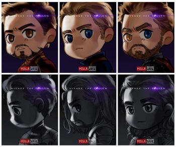 6+boys akira_yoru animification armor avengers:_endgame avengers_(series) beard black_background black_shirt blonde_hair blue_bodysuit blue_eyes bodysuit border brothers brown_eyes brown_hair bucky_barnes cape captain_america chibi closed_mouth commentary english_commentary english_text facial_hair from_side full_armor greyscale heterochromia iron_man loki_(marvel) looking_at_viewer looking_down looking_to_the_side male_focus marvel marvel medium_hair monochrome multicolored_armor multiple_boys orange_armor peter_parker power_armor prosthesis prosthetic_arm red_armor red_cape scar scar_across_eye scar_on_face shirt short_hair siblings simple_background smile spider-man standing steve_rogers superhero_costume teeth thor_(marvel) tony_stark v-shaped_eyebrows white_border