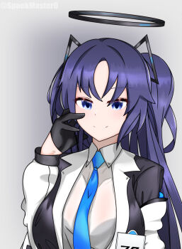 1girl absurdres blue_archive blue_eyes bra gloves halo hand_on_own_face hand_up highres long_hair looking_at_viewer mechanical_halo necktie purple_hair see-through_clothes see-through_shirt shirt simple_background smile solo spookm twintails underwear white_background white_shirt yuuka_(blue_archive)