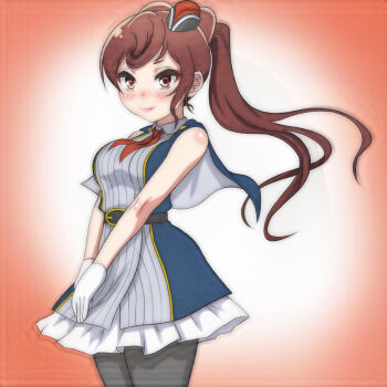 1girl belt black_belt blue_dress blush breasts brown_eyes brown_hair charlotte_aulin_(cosplay) cosplay dress gloves grey_pantyhose hat high_ponytail highres idol long_hair looking_at_viewer medium_breasts mini_hat neckerchief pantyhose ponytail red_background red_hat red_neckerchief sleeveless sleeveless_dress smile standing t_jiroo_(ringofriend) white_gloves yuugiri_(zombie_land_saga) zombie_land_saga