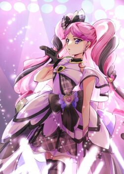 black_gloves black_hair black_thighhighs cowboy_shot cure_kiss dress earrings fortissimo gloves hair_ornament hair_ribbon highres jewelry kimi_to_idol_precure long_hair looking_at_viewer manekineko5319 musical_note musical_note_hair_ornament pearl_earrings pink_hair precure puffy_dress purirun_(precure) purple_eyes purple_theme ribbon stage_lights thighhighs twintails very_long_hair