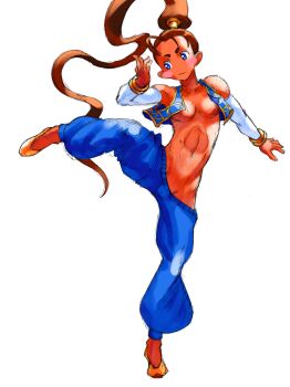 Rule 34 | 1girl, abs, absurdres, blue eyes, bracelet, breasts, brown hair, capcom, dark-skinned female, dark skin, detached sleeves, highres, jewelry, medium breasts, pants, ponytail, pullum purna, slippers, street fighter, street fighter ex (series), underboob, vest