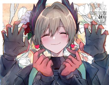 1girl arknights bird_girl black_feathers black_gloves blush closed_eyes commentary dark-skinned_female dark_skin double_finger_heart extra_arms feather_hair feathers finger_heart flower gloves grey_hair hair_flower hair_ornament head_wings kyouna multicolored_gloves pink_gloves raidian_(arknights) short_hair smile solo symbol-only_commentary two-tone_gloves wings