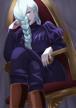 1girl anemone_(anemone-ne) axe black_dress black_nails boots braid braided_bangs braided_ponytail brown_boots dress hair_over_face hair_over_one_eye holding holding_axe jujutsu_kaisen jujutsu_tech_uniform long_hair long_sleeves looking_at_viewer mei_mei_(jujutsu_kaisen) one_eye_covered puffy_sleeves red_lips smile solo throne tight_clothes tight_dress turtleneck turtleneck_dress white_hair