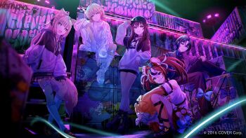 Rule 34 | 5girls, :d, adjusting clothes, adjusting headwear, animal ears, asymmetrical legwear, asymmetrical sleeves, bandaid, bandaid on knee, bandaid on leg, baseball cap, belt, beyond the way (vocaloid), black belt, black boots, black choker, black collar, black hair, black hat, black hoodie, black pants, black shoes, black shorts, black socks, black sweater, blonde hair, blue eyes, blue hair, blue shirt, boots, bow, braid, brown hair, brown shoes, choker, closed mouth, clothes writing, collar, collared shirt, colored tips, commentary request, container, copyright notice, cropped shirt, crossed bangs, curtained hair, dice hair ornament, double-parted bangs, expressionless, flame print, frilled socks, frills, full body, graffiti, grey jacket, grin, hair between eyes, hair flaps, hair ornament, hakos baelz, hakos baelz (1st costume), hakui koyori, hakui koyori (school uniform), half up braid, hand on own knee, hand up, hat, highres, hiodoshi ao, hiodoshi ao (1st costume), hololive, hololive dev is, hololive english, hood, hoodie, jacket, jewelry, knee up, kneehighs, lace-up boots, light smile, loafers, long hair, long sidelocks, long sleeves, looking at viewer, medium hair, miniskirt, mismatched legwear, mismatched sleeves, mole, mole under mouth, mouse ears, mouse girl, mouse tail, mr. squeaks (hakos baelz), multicolored hair, multiple girls, navel, necklace, night, o-ring, o-ring choker, o-ring thigh strap, official alternate costume, official art, open mouth, outdoors, pants, pink hair, pink skirt, pinstripe jacket, pinstripe pattern, platform boots, pleated skirt, ponytail, print shirt, puffy long sleeves, puffy sleeves, purple eyes, purple hair, red hair, sanosomeha, shirt, shoes, short hair, short shorts, shorts, sidelocks, sitting, skirt, smile, sneakers, socks, spiked collar, spikes, squatting, standing, strapless, strapless shirt, streaked hair, suit jacket, sweater, sweater tucked in, tail, tail bow, tail ornament, thigh strap, todoroki hajime, todoroki hajime (1st costume), tokino sora, tokino sora (dj hoodie), twintails, two-tone hoodie, two side up, v-neck, very long hair, virtual youtuber, vocaloid, white choker, white hair, white hoodie, white jacket, white shirt, white shoes, white shorts, white socks, wolf cut, wolf ears, wolf girl, wolf tail