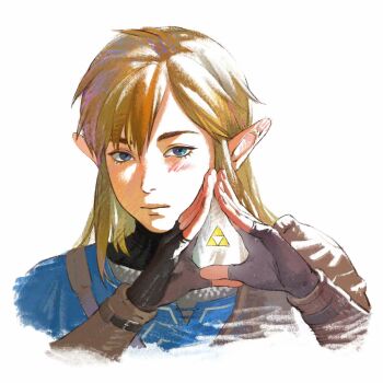 1boy aizheajsee arm_guards armor black_gloves blonde_hair blue_eyes blush champion&#039;s_tunic_(zelda) closed_mouth fingerless_gloves gloves hair_down hands_up highres link looking_at_viewer male_focus medium_hair nintendo own_hands_together pointy_ears portrait shoulder_armor simple_background solo swept_bangs the_legend_of_zelda the_legend_of_zelda:_breath_of_the_wild triforce white_background