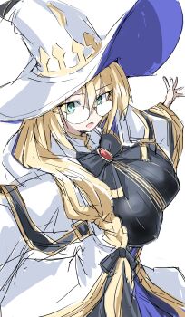 1girl absurdres aesc_(fate) aesc_(rain_witch)_(fate) black_robe blonde_hair braid dress fate/grand_order fate_(series) glasses green_eyes hat hebi_(rarata6o) highres looking_at_viewer open_mouth robe solo witch_hat