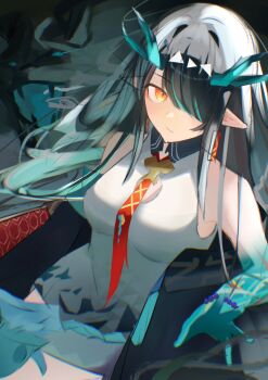 1girl absurdres arknights black_hair dawn_(user_trcu5847) dragon_girl dragon_horns dragon_tail dusk_(arknights) earrings eastern_dragon_tail green_horns hair_over_one_eye highres horns jewelry long_hair pointy_ears red_eyes solo tail tassel tassel_earrings