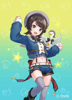 1girl :d armband back_bow beret bibi_(obb_spl) black_boots black_bow black_bowtie black_panties blue_eyes blue_jacket blue_shorts boots bow bowtie brooch brown_hair clothing_cutout commentary_request copyright_name cowboy_shot cropped_jacket cropped_shirt fold-over_boots gold_buttons grey_hat grey_shirt grey_thighhighs hand_up hat high_collar hip_vent hololive jacket jewelry lace lace-trimmed_panties lace_trim large_bow long_sleeves looking_at_viewer midriff navel official_alternate_costume official_art oozora_subaru oozora_subaru_(suspenders) open_mouth panties panty_peek pinstripe_pattern pinstripe_shirt shirt short_hair shorts sleeve_cuffs smile solo star_brooch subaru_duck suspenders swept_bangs thighhighs underwear virtual_youtuber
