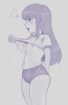 1girl absurdres arched_back blunt_ends blush buruma clothes_lift flat_chest from_side furude_rika gym_uniform highres higurashi_no_naku_koro_ni hime_cut kyokeer loli long_hair looking_to_the_side monochrome navel nipples open_mouth ribs shiny_skin shirt shirt_lift short_sleeves sketch skinny solo standing steaming_body stomach straight_hair sweat sweat_stain sweaty_clothes thighs wet wet_clothes