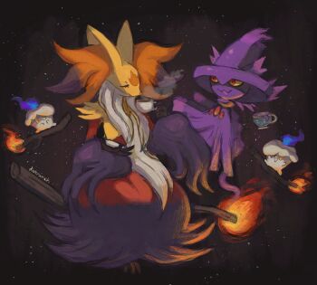animal_ear_fluff animal_ears black_fur blue_fire broom broom_riding candle closed_eyes closed_mouth colored_sclera cup delphox dietranch fire floating fox_ears furry gen_4_pokemon gen_5_pokemon gen_6_pokemon ghost hat highres holding litwick mega_delphox mega_pokemon mismagius multicolored_fur nintendo open_mouth pokemon pokemon_(creature) pokemon_focus purple_fire red_eyes red_fur simple_background smile teacup tongue tongue_out white_fur witch_hat yellow_eyes yellow_fur yellow_sclera