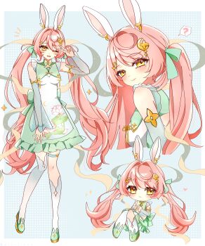 1girl absurdres animal_ears ao_dai artist_request check_artist detached_sleeves heonie_bunny highres indie_virtual_youtuber long_hair one_eye_closed pink_hair rabbit_ears shoes smile thighhighs twintails v white_thighhighs yellow_eyes