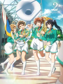 Rule 34 | absurdres, artist request, black hair, blonde hair, blurry, blurry background, brown eyes, brown hair, cloud, euphonium, fist bump, flag, fluffy hair, green jacket, hair ornament, hairclip, hibike! euphonium, highres, holding, holding flag, holding instrument, instrument, jacket, katou hazuki, kawashima sapphire, kousaka reina, long hair, marching band, marching band baton, medium hair, multiple girls, official art, orange eyes, oumae kumiko, people, ponytail, purple eyes, short hair, shorts, tree, tuba, white shorts