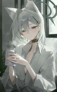 1girl animal_ear_fluff animal_ears black_choker blue_archive choker commentary cross cross_hair_ornament cup dark_halo dress_shirt extra_ears fingernails grey_hair hair_ornament halo highres holding holding_cup indoors inverted_cross kji_(rozo) light_blush light_smile long_fingernails looking_at_viewer mug naked_shirt oversized_clothes oversized_shirt partially_open_shirt shiroko_terror_(blue_archive) shirt sleeves_rolled_up solo steam white_shirt window wolf_ears wolf_girl