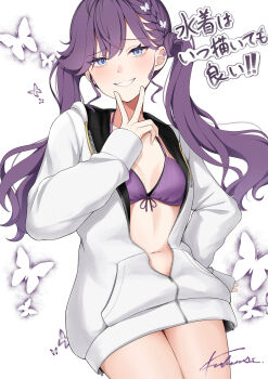 1girl bikini bikini_under_clothes braid breasts bug butterfly butterfly_hair_ornament collarbone commentary_request ear_piercing front-tie_bikini_top front-tie_top fukanse_(jxyj7223) gakuen_idolmaster grin hair_ornament halterneck highres idolmaster insect jacket jacket_over_swimsuit kaya_rinha kimi_to_semi_blue_(idolmaster) long_hair looking_at_viewer navel partially_unzipped piercing purple_bikini purple_hair signature simple_background small_breasts smile solo stomach string_bikini swimsuit swimsuit_under_clothes thighs translation_request twintails two-sided_fabric two-sided_jacket v very_long_hair white_background white_butterfly white_jacket