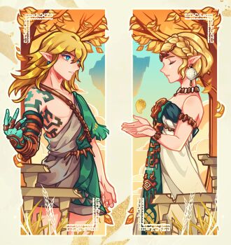 1boy 1girl absurdres archaic_set_(zelda) armlet bare_shoulders blonde_hair blue_eyes blue_sky body_markings bracelet braid closed_eyes closed_mouth collarbone commentary crown_braid day dress earrings english_commentary expressionless falling_leaves floating floating_island floating_object gradient_sky grass green_dress green_tunic hair_between_eyes hand_up hands_up highres jewelry keyade leaf link long_hair looking_at_another magatama necklace nintendo orange_sky outdoors parted_bangs parted_lips pointy_ears princess_zelda profile railing short_hair sidelocks single_bare_shoulder single_braid sky standing strapless strapless_dress the_legend_of_zelda the_legend_of_zelda:_tears_of_the_kingdom toga tree tunic white_dress