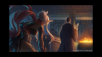 Rule 34 | 1boy, 1girl, bare shoulders, black hair, black leotard, breasts, dark-skinned female, dark skin, dnf duel, dungeon and fighter, elbow gloves, fire, floating clothes, from behind, gloves, hair bun, hand on floor, highres, indoors, kunai, kunoichi (dungeon and fighter), leotard, long sidelocks, night, official art, on one knee, pointy ears, red scarf, scarf, scroll, sidelocks, single hair bun, thief (dungeon and fighter), weapon, white hair