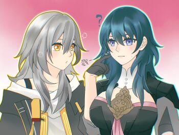 2girls :o ? armor black_armor black_gloves black_jacket blue_eyes blue_hair breasts chinese_commentary commentary_request crossover female_byleth_(fire_emblem) finger_to_another's_cheek fire_emblem fire_emblem:_three_houses gloves gradient_background grey_hair hair_between_eyes hairstyle_connection half_gloves highres honkai:_star_rail honkai_(series) jacket large_breasts looking_at_another medium_hair multiple_girls nintendo open_clothes open_jacket orange_eyes pink_background shirt stelle_(honkai:_star_rail) trailblazer_(honkai:_star_rail) white_shirt xinjinjumin545645049986