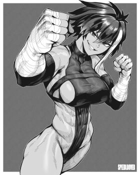 1girl abs absurdres arm_wrap artist_name bandaged_arm bandages border bottomless breasts clenched_hands commentary covered_abs cowboy_shot dark-skinned_female dark_skin earrings elbow_gloves english_commentary gloves grey_background greyscale grin groin highres hip_bones imminent_punch jewelry large_breasts looking_at_viewer marl_barrock monochrome multicolored_hair muscular muscular_female outside_border pelvic_curtain revealing_clothes short_hair sideboob sideless_dress sideless_outfit simple_background sleeveless_turtleneck_dress smile speedl00ver teeth tensei_colosseum:_saijaku_skill_de_saikyou_no_onna-tachi_wo_kouryaku_shite_dorei_harem_tsukurimasu thick_thighs thighs tomboy toned very_dark_skin white_border