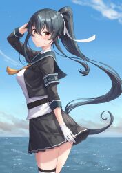 Rule 34 | 1girl, arm behind head, arm up, armband, black hair, black jacket, black sailor collar, black skirt, blue sky, blush, breasts, brown eyes, closed mouth, cloud, commentary request, cropped jacket, day, garter straps, gloves, hair between eyes, hair ribbon, highres, horizon, jacket, kantai collection, long hair, long sleeves, looking at viewer, looking to the side, medium breasts, monoku, neckerchief, ocean, open clothes, open jacket, orange neckerchief, outdoors, pleated skirt, ponytail, red eyes, ribbon, sailor collar, school uniform, shirt, sidelocks, single thighhigh, skirt, sky, smile, solo, thighhighs, very long hair, water, white gloves, white ribbon, white shirt, white thighhighs, yahagi (kancolle), yahagi kai ni (kancolle)