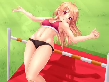 1girl armpits artist_self-insert bare_arms bare_shoulders bikini blonde_hair blush breasts buruma cleavage day female_focus from_above grass groin high_jump highres indie_virtual_youtuber lens_flare light_rays long_hair looking_away looking_back medium_breasts navel nottytiffy open_mouth original outdoors outstretched_arms red_eyes shadow shiny_skin sideboob sleeveless small_breasts solo sports_bikini sportswear spread_arms sunbeam sunlight swimsuit tiffy_(nottytiffy) track_uniform virtual_youtuber