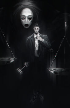 1boy adjusting_clothes adjusting_necktie artist_name black_background black_hair black_jacket black_lips black_necktie black_pants black_shoes closed_mouth collared_shirt commentary domain_expansion full_body highres higuruma_hiromi holding_gavel jacket judgeman_(jujutsu_kaisen) jujutsu_kaisen lisa_buijteweg looking_at_viewer male_focus necktie one_eye_closed pants shirt shoes short_hair simple_background solo spiked_hair suit_jacket weighing_scale white_shirt