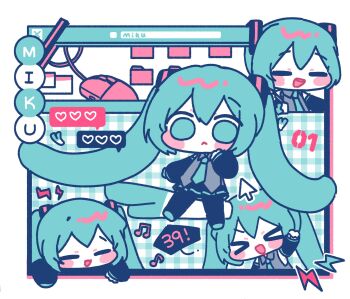 >_< 1girl 39 :< aqua_eyes aqua_hair aqua_necktie character_name chibi chibi_only closed_eyes closed_mouth cursor gingham_background hand_up hashtag-only_commentary hatsune_miku heart highres long_hair looking_at_viewer miratsu_(miratsu169) multiple_views musical_note necktie open_mouth smile speech_bubble spoken_heart spring_onion twintails very_long_hair vocaloid window_(computing)